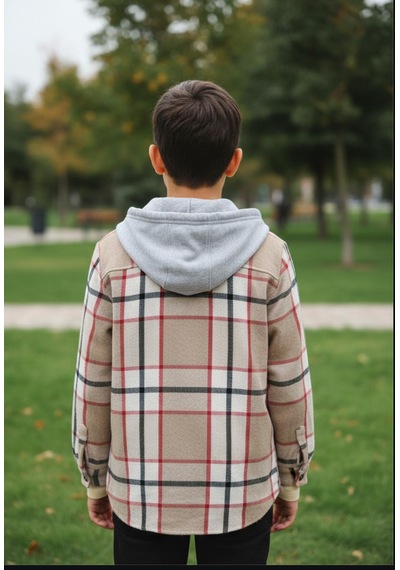 Gala Kolu Lastikli Kapüşonlu Ekoseli Unisex Çocuk Gömlek Kahverengi
