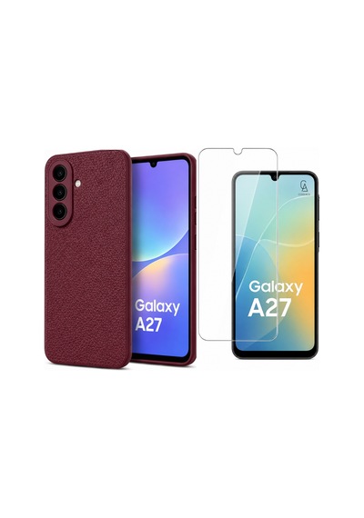 Samsung Galaxy A27 Uyumlu Deri Dokulu Silikon Telefon Kılıfı Ve Şeffaf Temperli Cam Ekran Koruyucu Bordo