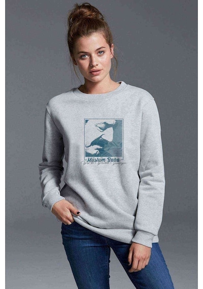 Müslüm Baba Birde Benden Dinleyin Baskılı Gri Kadın Sweatshirt
