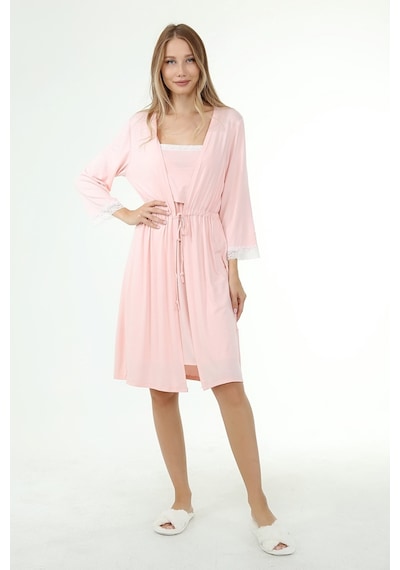 Luvmabelly Myra9650 Sabahlıklı Önden Bölmeli Dantelli Emzirme Geceliği -pembe-pembe