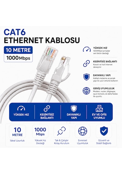 10 Metre Cat6 Fabrikasyon Ethernet Kablosu 1000 Mbps Gigabit Lan İnternet Kablosu Rj45