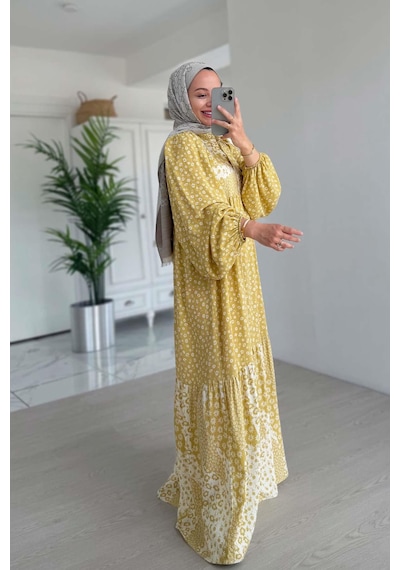 Kahijab Çiçek Desenli Kuşaklı Elbise - Sarı Sarı