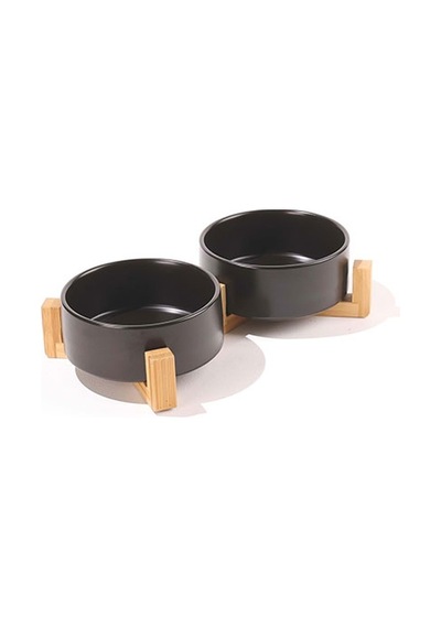 M-pets Opera Bamboo Standlı Seramik Kedi Ve Köpek Mama Kabı Siyah 2x850 Ml 244-51020.02
