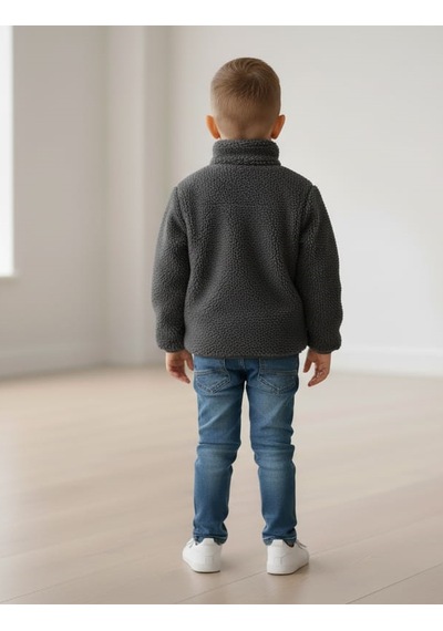 Smalltouch Unisex Çocuk Yumuşak Dokulu Astarlı Fermuarlı Cepli Peluş Hırka Füme