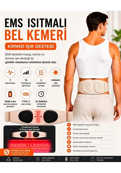 Ems Isıtmalı Bel Masaj Kemeri -7 Mod 15 Yoğunluk 3 Kademeli Isıtma Kırmızı Işık Type-c Şarjlı 2500 Mah Bej