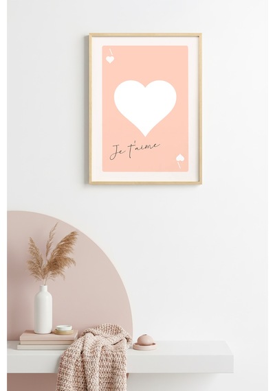 Doğal Ahşap Çerçeveli Retro Kalp Je T'aime Tablo - Romantik Pastel Tonlar Huhu2372