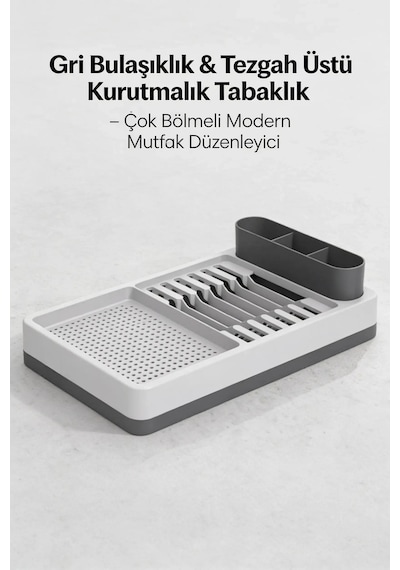 Gri Beyaz Mutfak Bulaşıklığı Tezgah Üstü Kurutmalık Tabaklık Organizer Standı Şeffaf