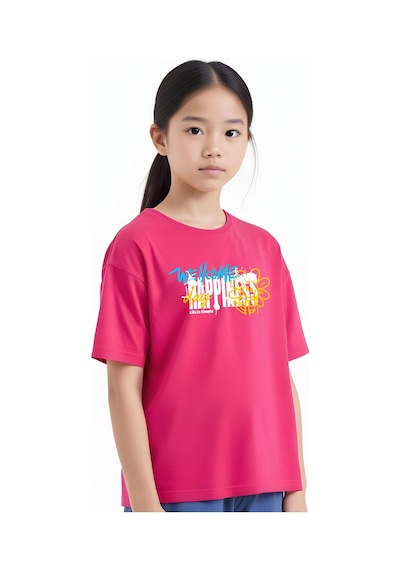 Fyk Kids Kız Çocuk Wellcome Happines Baskılı Tişört Fuşya