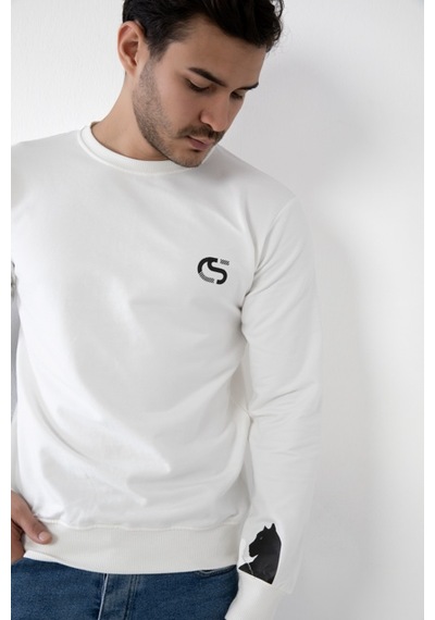 Erkek Beyaz Renk Kapşonsuz Puma Baskılı Sweatshirt
