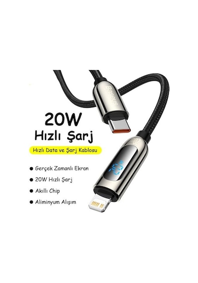 Baseus CATLSK-01 20W Dijital Göstergeli Type-C Lightning Hızlı Şarj Kablosu 1 M