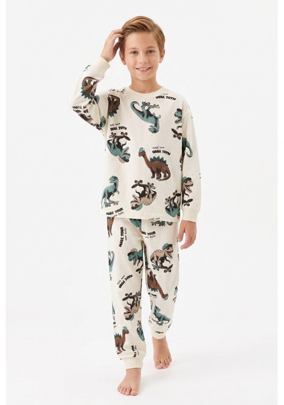 Bunny Hopp Erkek Çocuk Uzun Kollu Pijama Takımı %100 Pamuk Ekru Dinamik Dinozor Desenli Penye Bunny Hopp Erkek Çocuk Uzun Kollu Pijama Takımı %100 Pamuk Ekru Dinamik Dinozor Desenli Penye