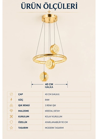Modern Premium 3'lü Gold Küre 3 Renkli Ledli Sarkıt Avizesi Salon Mutfak Çocuk Odası Modelleri 84w Beyaz