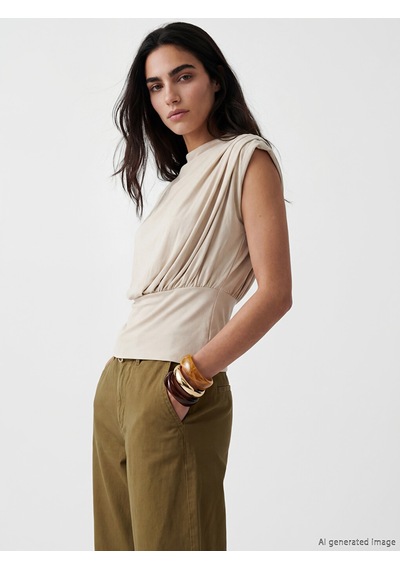 Lcw Vision Bej Dik Yaka Büzgülü Bluz Mock Neck Ruched Blouse