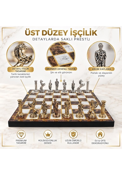 Lüks Metal Satranç Takımı Osmanlı Bizans Figürlü Krom Kehribar Mermer Desenli 20 X 20 Premium Hediye