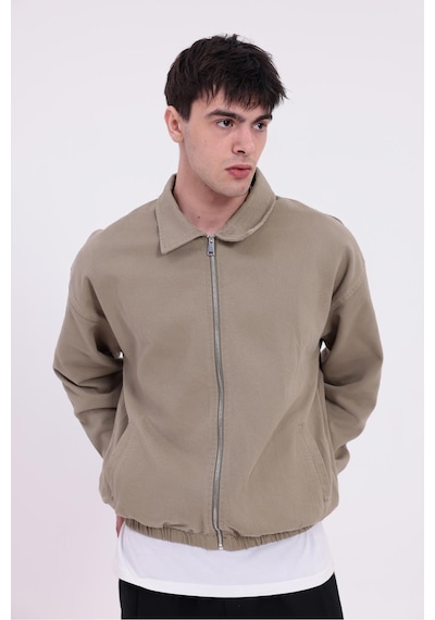 Erkek Gabardin Kumaş Fermuarlı Oversize Beli Lastikli Mevsimlik Ceket-265 Haki