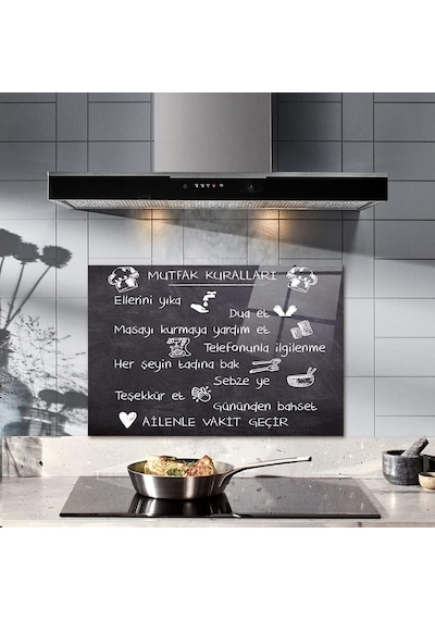 Decorita 10011509143 Kara Tahta Görünümlü Mutfak Kuralları Cam Ocak Arkası Koruyucusu, 40cm X 60cm Diğer