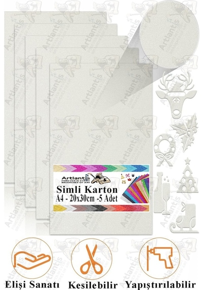 Simli Karton A4 20x30 Cm 5 Li 1 Paket Simli Fon Kartonu Parıltılı Kağıt Anasınıfı Kreş Etkinlik Proje Dekoratif Beyaz