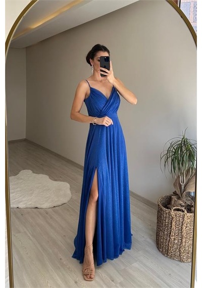 Neşeli Butik Kadın Işıltılı Askılı Yırtmaç Detayı Şifon Abiye Elbise Nm002 Mavi