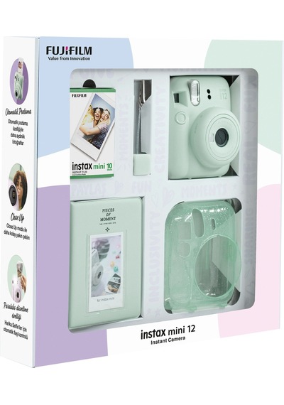 Fujifilm Instax Mini 12 Fotoğraf Makinesi + 10'lu Film + Simli Pleksi Kılıf + Pvc Albüm + Kıskaçlı Resim Standı Yeşil