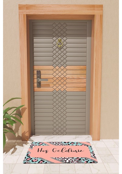 Rugmood Modern Dijtal Baskı Pembe Leopar Hoşgeldiniz Kapı Önü Paspası Çok Renkli
