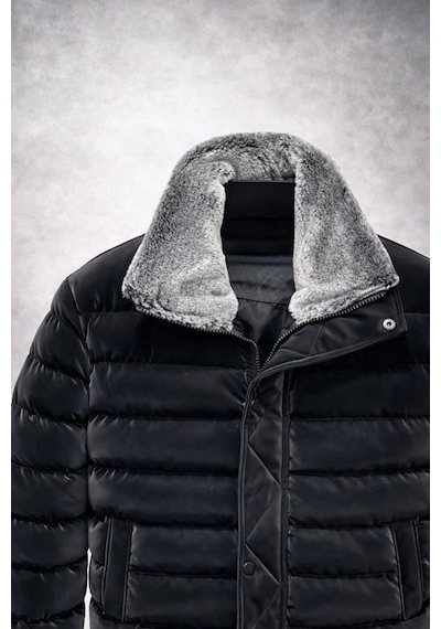 Premium Kürk Detay Şişme Mont Siyah