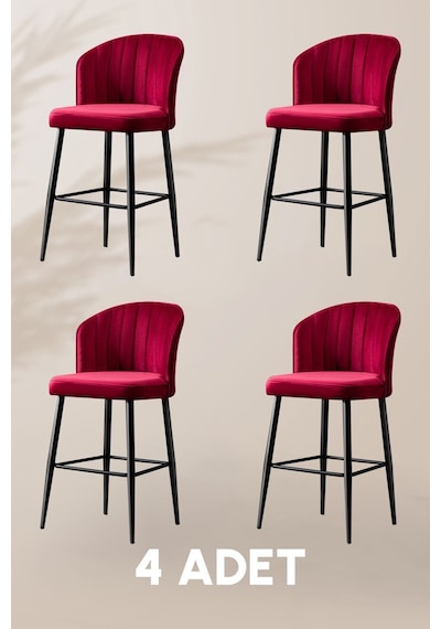 Rubi Bar Sandalye - Babyface Bordo - Siyah Metal Ayak - Bar Taburesi / Bar Sandalyesi 4 Adet Bordo
