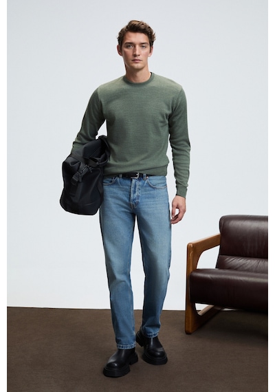 Grımelange VAREX Erkek Yuvarlak Yaka Basic Slim Fit Triko Haki Kazak