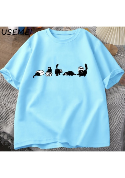 Flood Of Style Beş Ruh Kediler T-shirt Boy Kedi Anne Tee Komik Pamuk Kısa Kollu Kedi Severler T Shirt Erkek Mavi