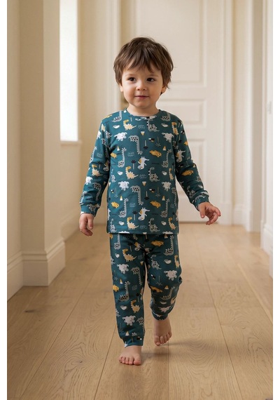 Zuzunga Erkek Çocuk %100 Pamuk Süprem Kumaş Uzun Kollu Mevsimlik Pijama Takımı Haki