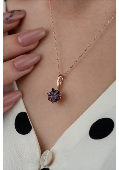 Ervanur Rose Altın Kaplama Ametist Mor Zirkon Taşlı Lotus Çiçeği Kadın Kolye Mor