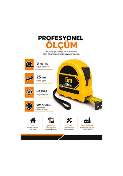 Dmax 5 Metre Şerit Metre 25 Mm Kompakt Ölçüm Metresi Ev Atölye Şantiye Kullanımı