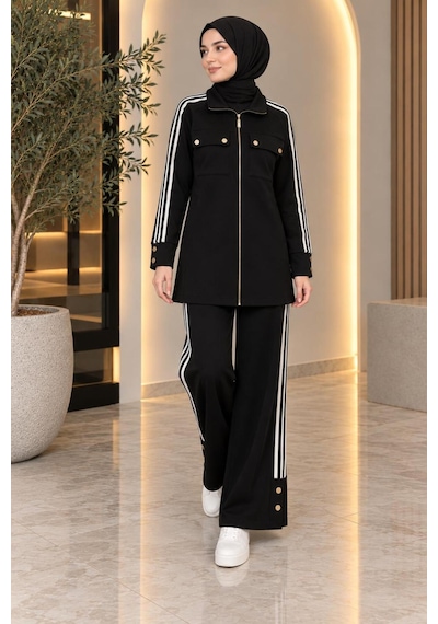Krem Kadın Spor Şeritli Fermuarlı Tunik Pantolon İkili Takım Siyah - 943185560 Siyah