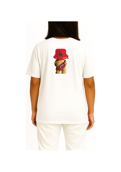 Bahriyeli Collection Oversize Oso Teddy Bear La Los Angeles Cep Ve Sırt Baskılı Unisex T-shirt Beyaz