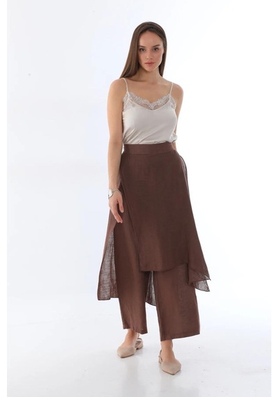 Bohem Stil İtalyan Ham Keten Pantolon Etek-8747 Kahverengi