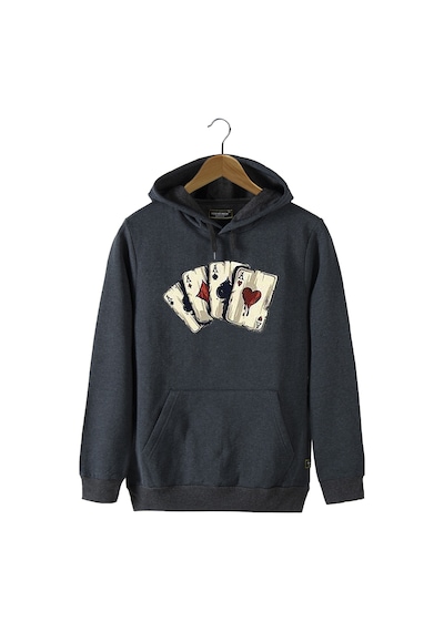 Unisex Füme Kapüşonlu Önü İskambil Kağıdı Baskılı Slim Fit Kanguru Cepli Sweatshirt Füme