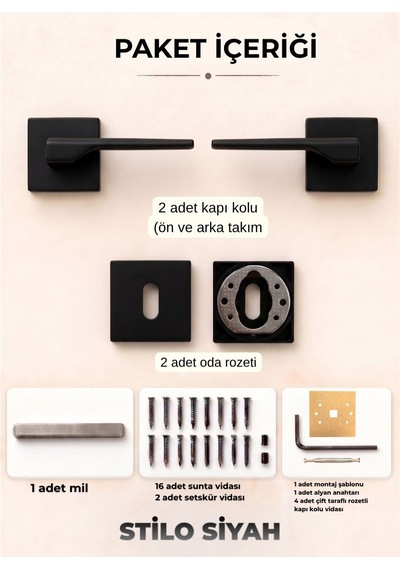 Stilo Siyah Kare Rozetli Kapı Kolu Lüks Oda Kapı Kolu