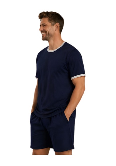 Pijamask Erkek Baskılı Şortlu Pamuklu Yazlık Pijama Takım Koyu Lacivert