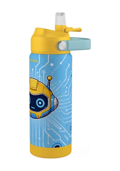 Puccon 540 Ml Robot Baskılı Sarı Erkek Çocuk Pipetli Çelik Termos Matara/suluk - 60066