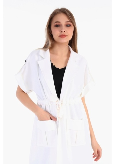 Mono Yaka Beli Tünelli Cepli Apoletli Kısa Kollu Beyaz Yelek