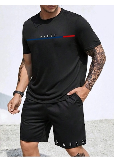 Unisex Oversize Paris Çizgi Baskılı Siyah Bisiklet Yaka T-shirt Şort Siyah Unisex Oversize Paris Çizgi Baskılı Siyah Bisiklet Yaka T-shirt Şort Siyah