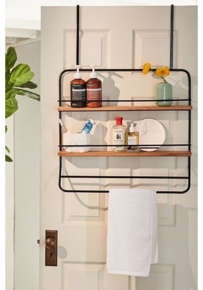 Banyo Askısı Havluluk Ahşaplı Metal Raflı Askılık Siyah