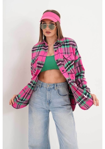 Polologin Butik Fuşya Yeşil Cepli Spor Kesim Gömlek Pembe
