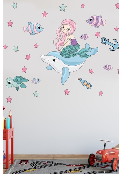 Su Altı Dünyası Deniz Kızı Ve Balıklar Temalı Çocuk Odası Banyo Duvar Sticker Çok Renkli