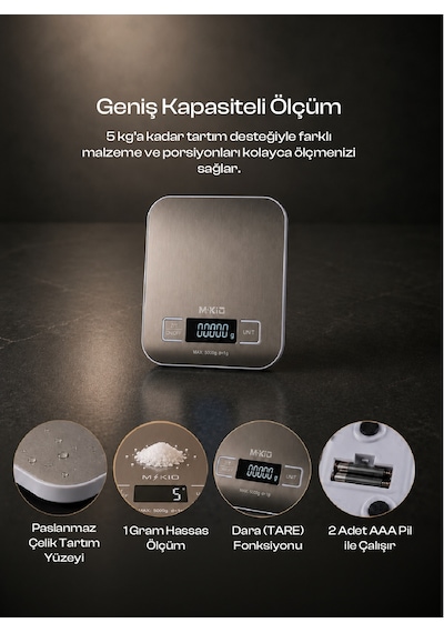 Hassas Mutfak Tartısı ,Dijital Ekranlı - Paslanmaz Mutfak Terazi ,1 Gram Hassas Ölçü ,Dara-TARE Fonksiyonu ,4 Farklı Ölçü Birimi g + oz + ml + ıb:oz