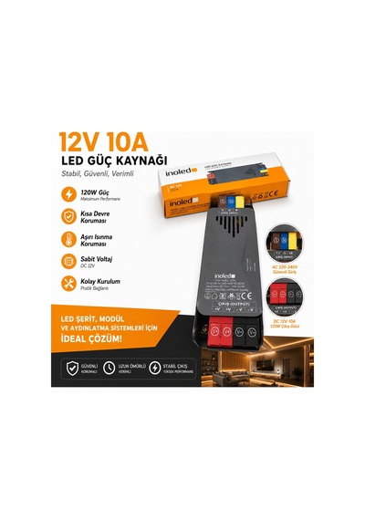 İnoled 1204 - 10a 120w 12v Led Güç Kaynağı Kısa Devre Korumalı Adaptör Şerit Led Trafo 220v Ac 12v Dc Dönüştürücü Yüksek Verimli, Güvenli, Uzun Ömürlü Led Trafo 10 A