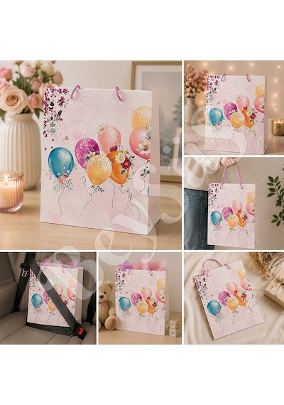 32x26 Cm İthal Çiçekli Balonlu Hediyelik Kağıt Çanta Pembe 5 Adet Tüm Yaşlar