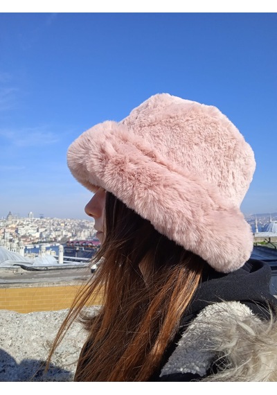 Shopiolog Pofidik Peluş Şapka Kışlık Suni Kürk Kalpak Kabarık Kova Şapka Gül Kurusu