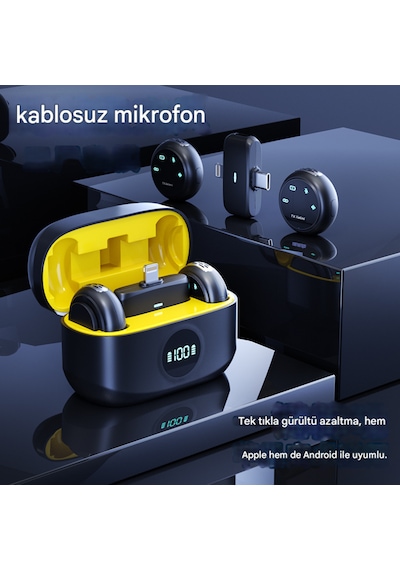 Kablosuz Profesyonel İkili Yayın Yaka Mikrofonu Şarj Kutulu, Mıknatıslı, Type-c & Lightning Çıkışlı, Uzun Pil Ömürlü