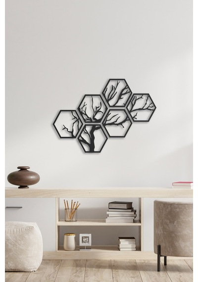 Hexagon Tree Metal Duvar Tablosu - Siyah - 6 Parça