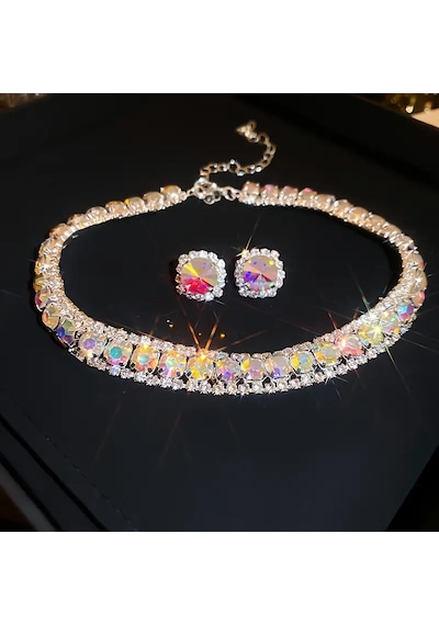 Kristal Kolye & S925 Gümüş Çivili Küpe Çok Renkli